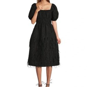 ANTONIO MELANI Black Smocked Bodice Puff-Sleeve Midi Dress